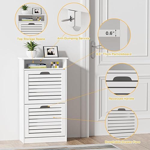 Miniatura 5 de Armario de almacenamiento de zapatos con 2 cajones abatibles y cubito superior, armario de zapatos para entrada delgado, armario de pie para