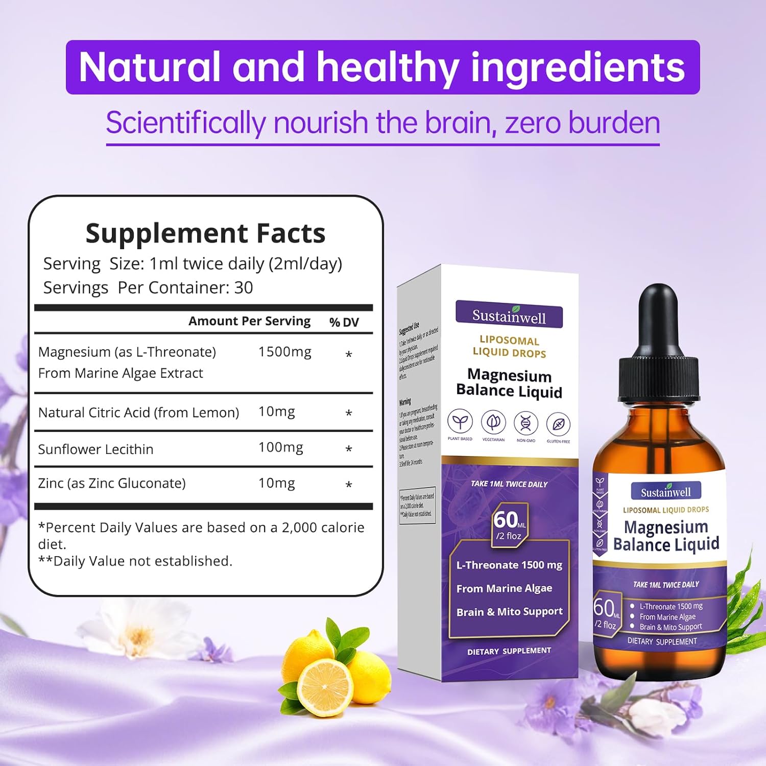 Magnesium L-Threonate Liquid Drops 1500mg High Absorption Brain Supplement for Memory Focus Sleep Sugar Free Vegan 2.04 Fl Oz,GMP Certification Applies to Both Kids and Adults. - Image 6