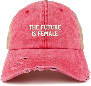 Trendy Apparel Shop The Future is Female Embroidered Frayed Bill Trucker Mesh Back Cap - Red