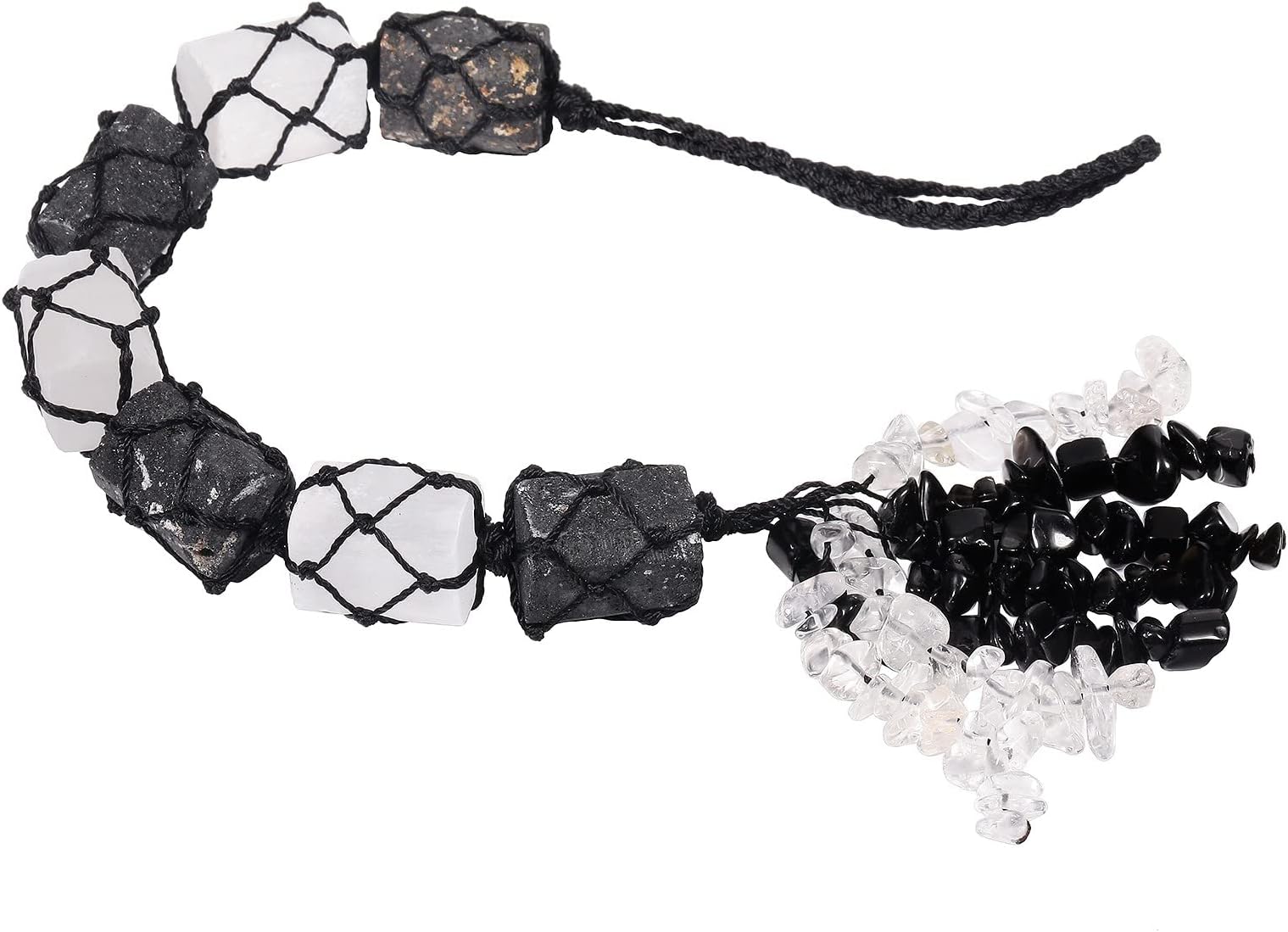 SUNYIK Black Tourmaline & Selenite Crystal Stone Hanging Ornament with Crystal Stone Tassel for Window Car Hanging Indoor Outdoor Decoration Ornament