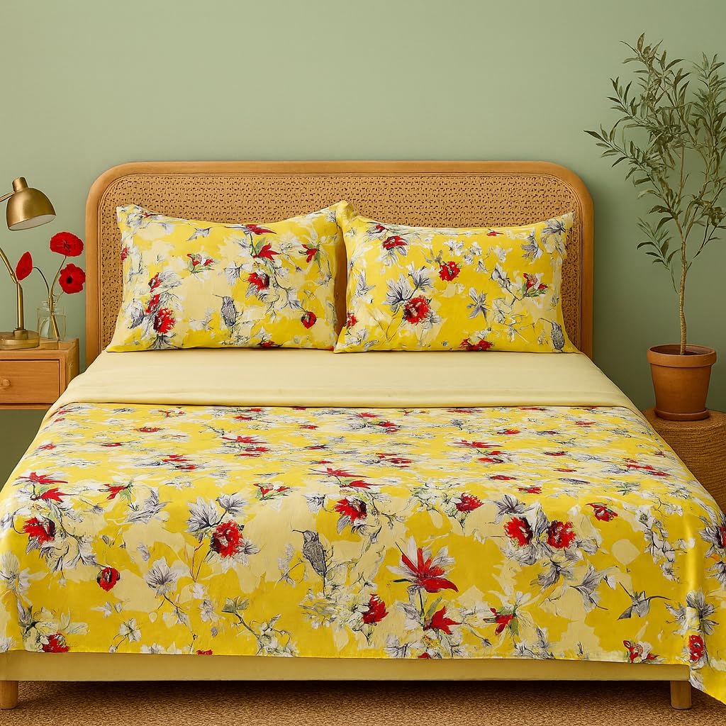 DaDa Bedding Lovely Yellow Floral Fitted and Flat Bed Sheets - Radiant Sunshine Hummingbirds Multi-Colorful Red Flowers - Bright Vibrant w/Pillow Cases Set - Cal King Size - 4-Pieces