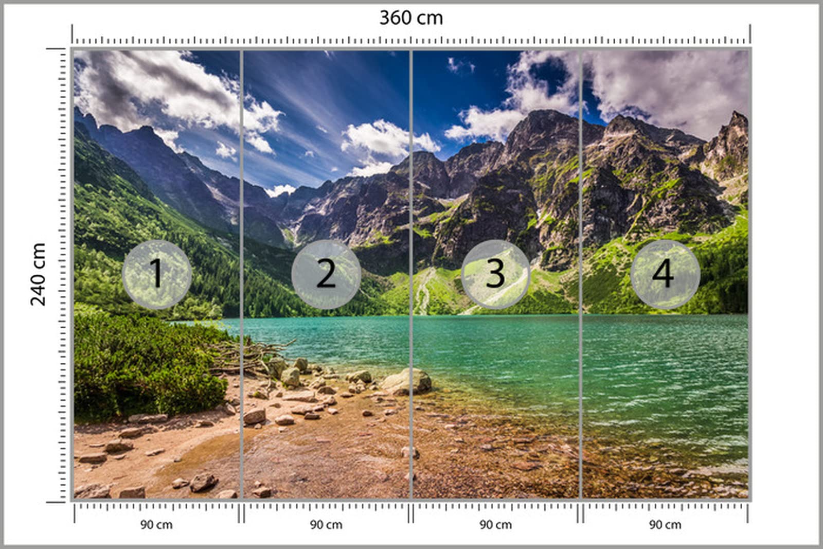 Wallepic bajkowa fototapeta jezioro Morskie Oko TATRA góry drzewa kamienie, niebo, natura, krajobraz, efekt 3D, dekoracja ścienna, salon, sypialnia, jadalnia, szer. 360 cm x wys. 240 cm
