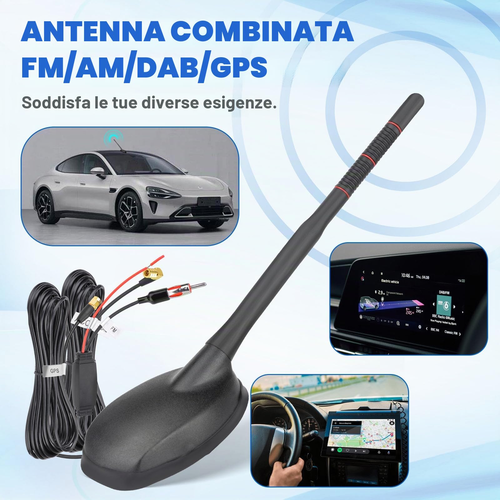 Eightwood Antenna Auto Attiva DAB+FM GPS Cavo 5m Connettori SMB SMA DIN | Antenna da tetto universale con amplificatore di segnale integrato Compatibile autoradio digitale GPS