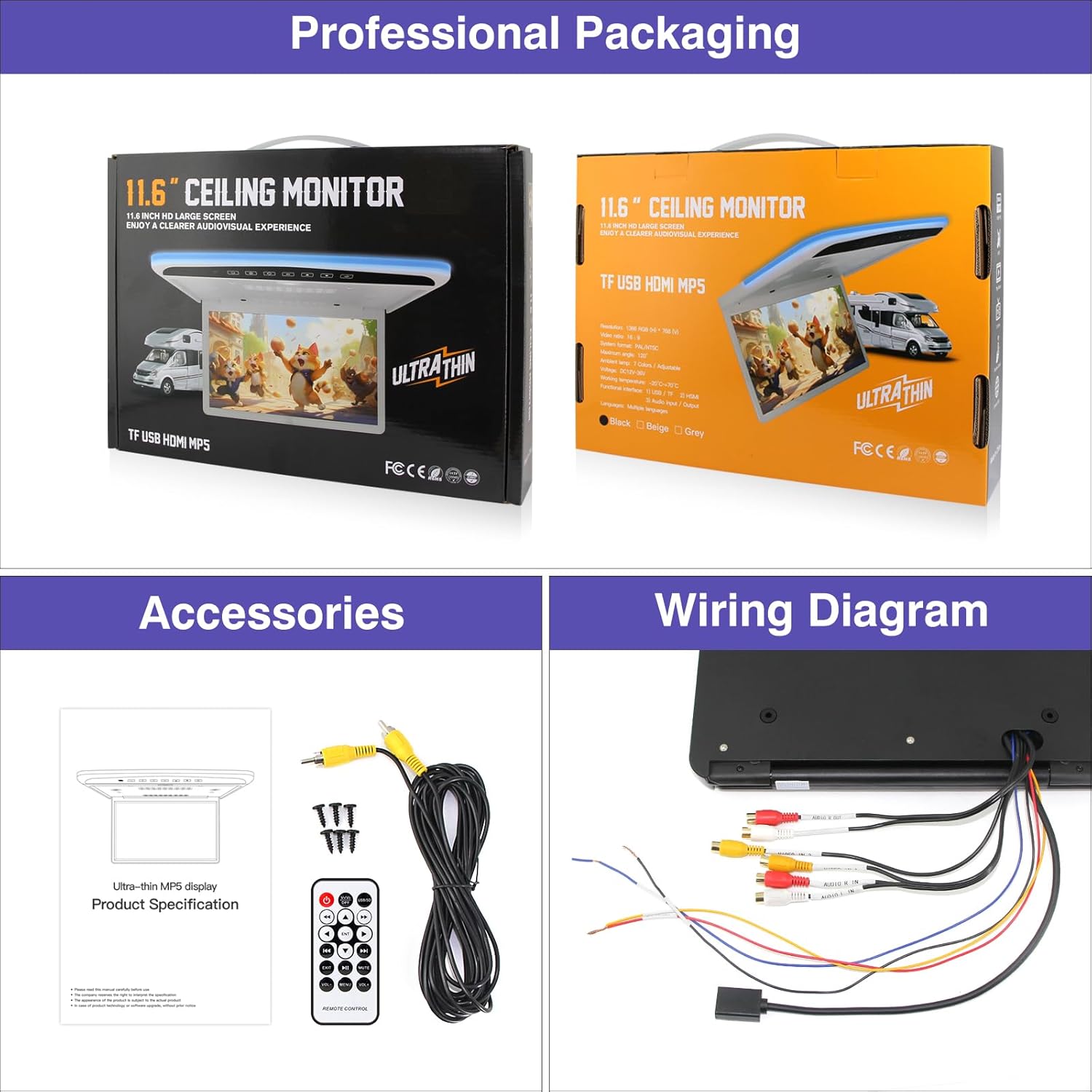 RicoRich 11.6 inch Car Overhead Player Monitor Display 1080P HD Digital TFT IPS Screen Video Ultra Thin Mounted Flip Down TV Car Roof Player with AV Input, HDMI, IR,TF,FM and USB (No DVD)