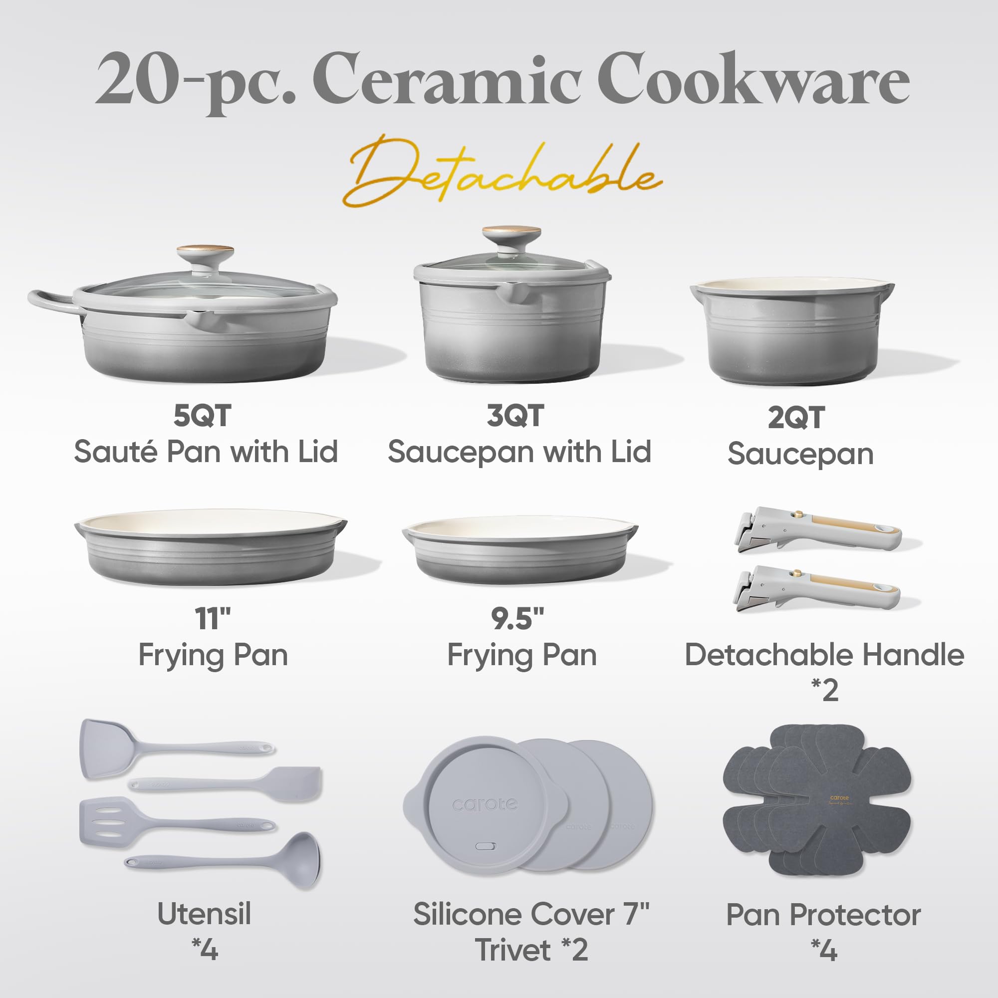 CAROTE Batterie de cuisine 17 pièces en titane antiadhésive, avec poignée amovible, batterie de cuisine non toxique pour induction, passe au lave-vaisselle/four