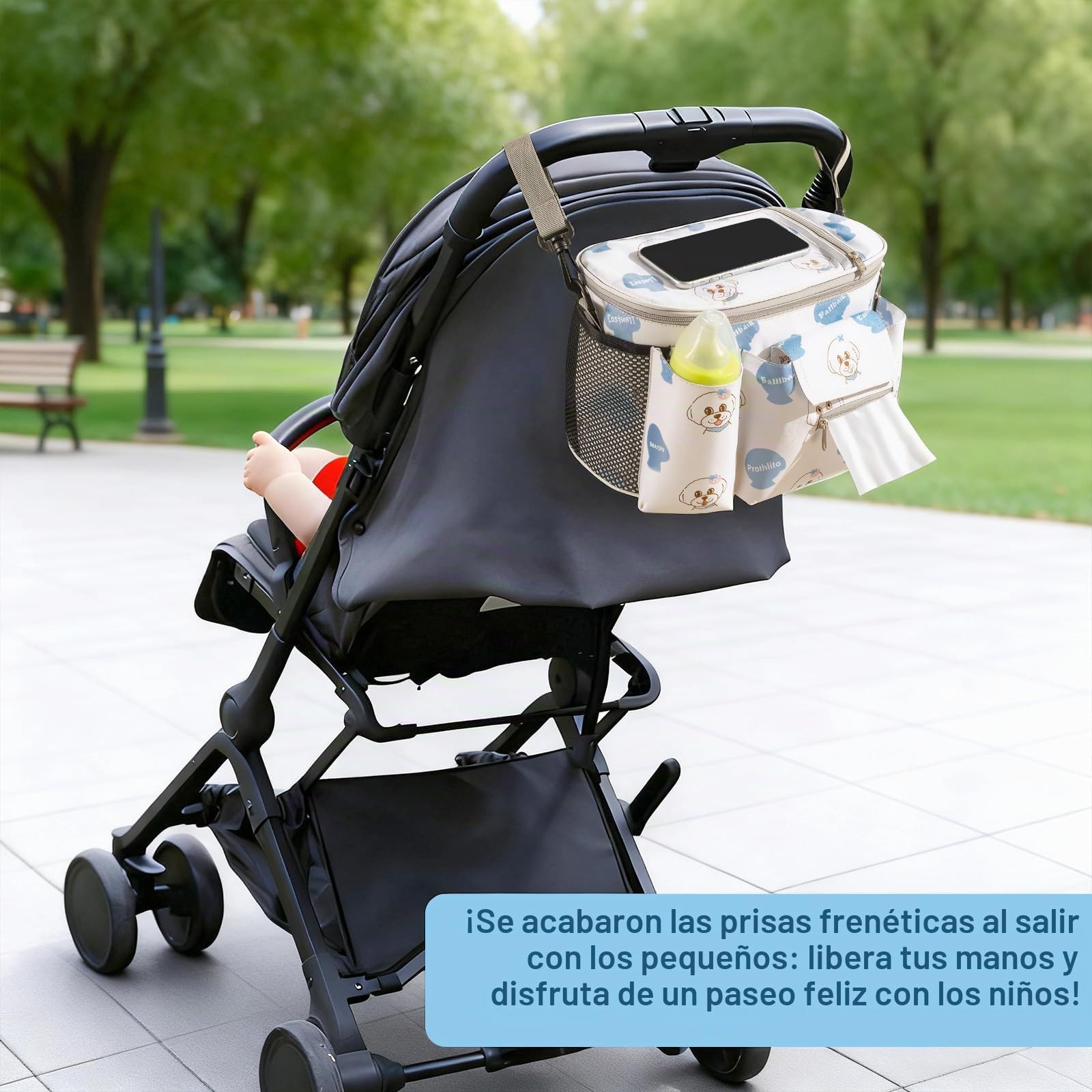 Bolso Carro Bebe, Bolso Organizador Carrito Bebe, Bolso para Carro Bebe con Portavasos y Bolsillo para Pañuelos, Bolso Carro Bebé Universal con Cierre de Cremallera y Correa Ajustable para el Hombro