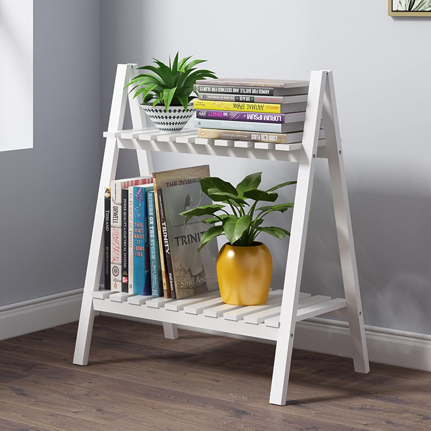 2Tier White Ladder Shelf, Rustic Style Decorative Small