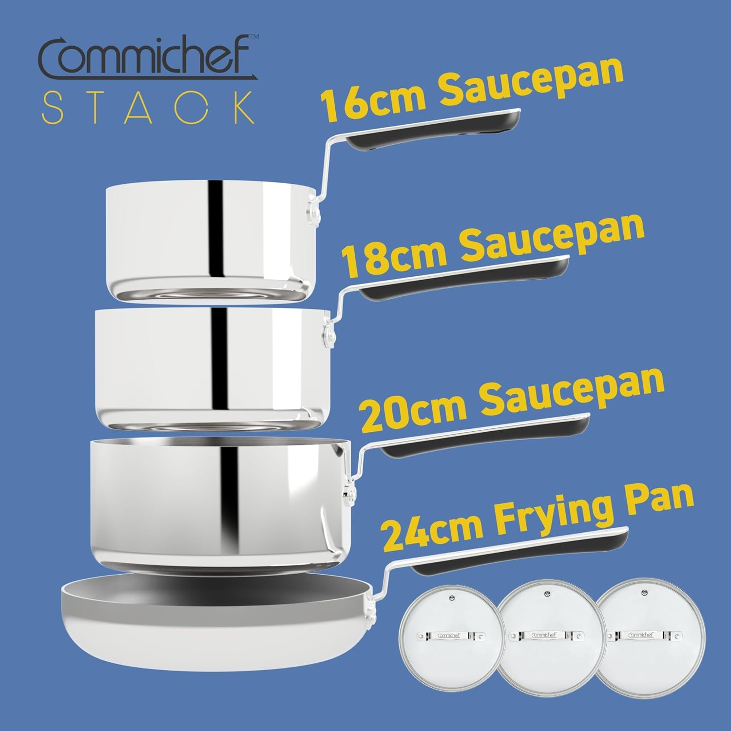 4-Piece Cookware Set, Includes 16/18/20 cm Saucepans & 24 cm Frying Pan, Stackable Design, Tri-Ply Steel & Aluminium