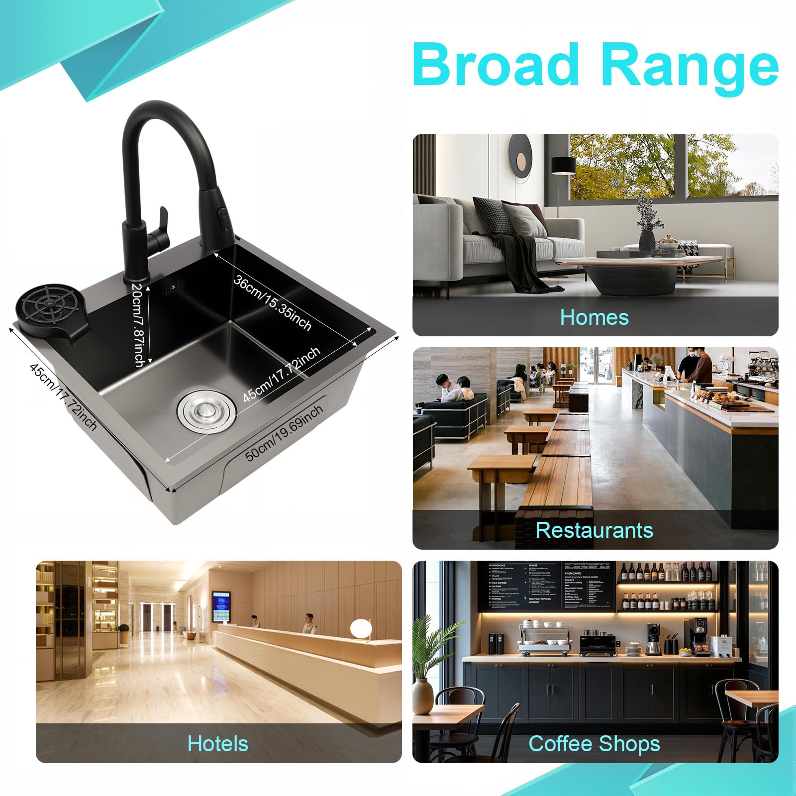 Evier Cuisine,45 * 40cm évier de Cuisine en Acier Inoxydable évier Intégré le Robinet Extractible 360° avec évier+Panier de Drainage+Distributeur de Savon Encastré (50 * 45cm)