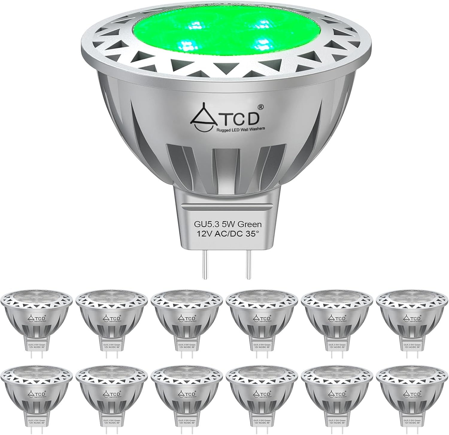 LED Light Bulbs 5W MR16, Green Lighting Color, 400lm Brightness LED Bulbs with GU5.3 Base, 12V Low Voltage MR16 Bulb for Indoor/Outdoor Landscape Spotlight Path Stair Driveway Lighting 12 Packs