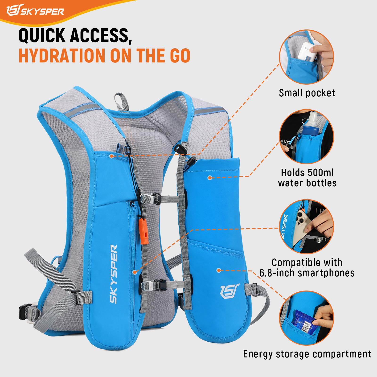 SKYSPER Zaino Idratazione 5L, Gilet Zaino Trail Running con Borraccia Morbida 500ml per Corsa Ciclismo Jogging Escursione