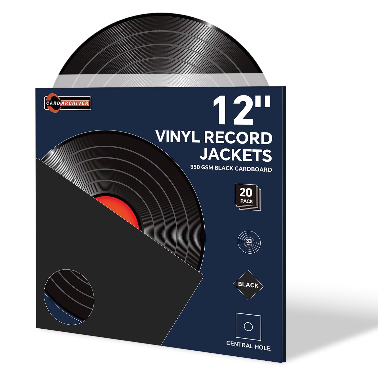 20PCS 12 Inch Black Vinyl Record Jackets, Thick Cardboard Sleeves with Center Hole, Blank LP Album Covers for 33 RPM Storage & Organization, 350gsm LP
