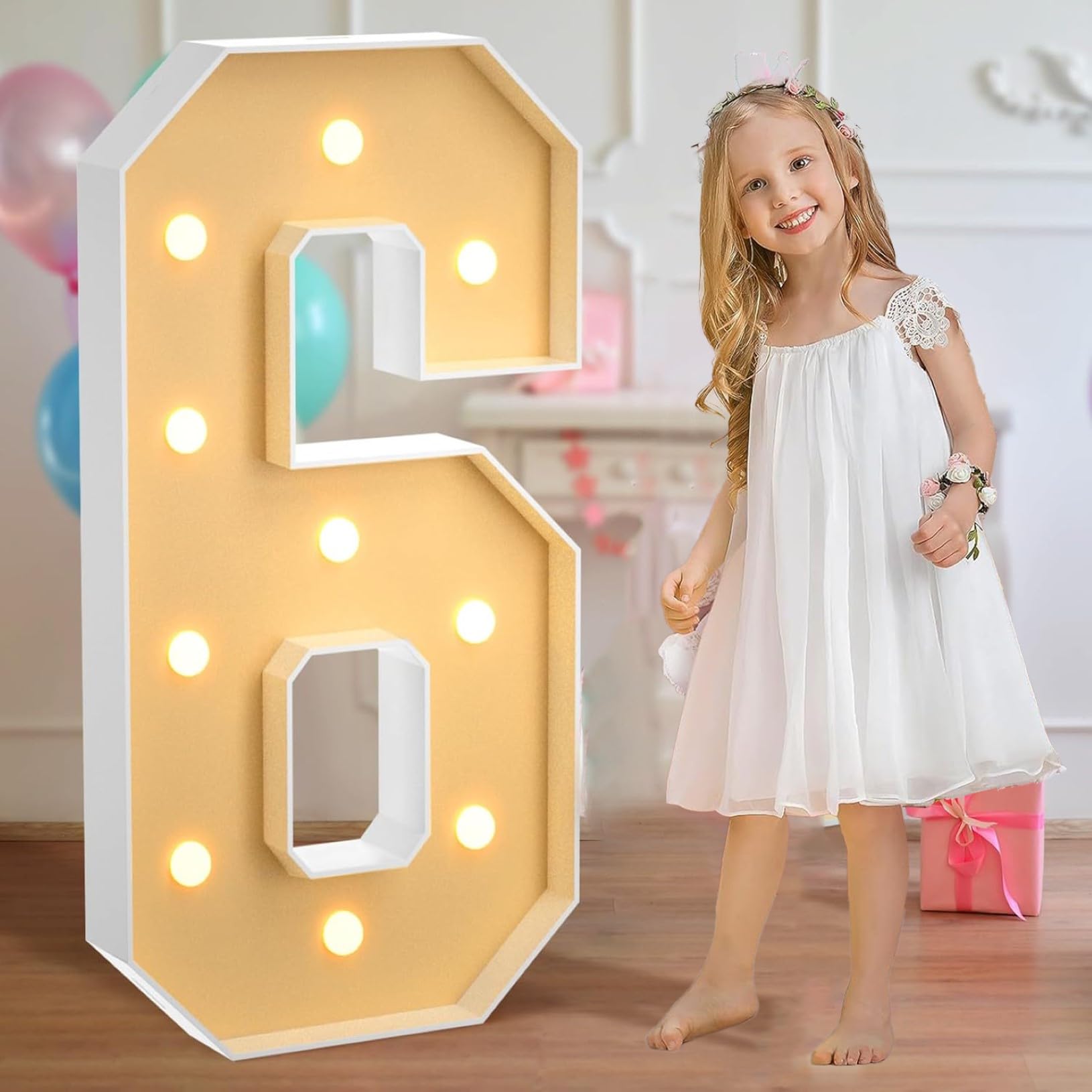 Marquee Light Up Number 6 Warm Light, Warm White Decorative LED Lights Sign, Pre-cut Foam Board Set for Wedding Valentine Birthday, 70cm-2.3ft
