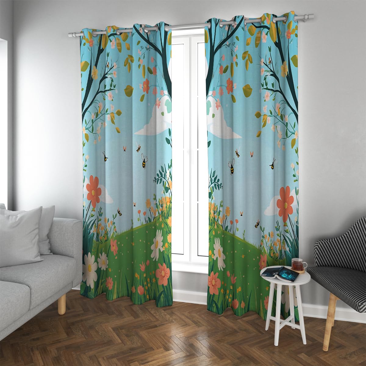 Rideaux occultants imprimés fleurs de printemps pour chambre de bébé (W132xL183cm x2)
