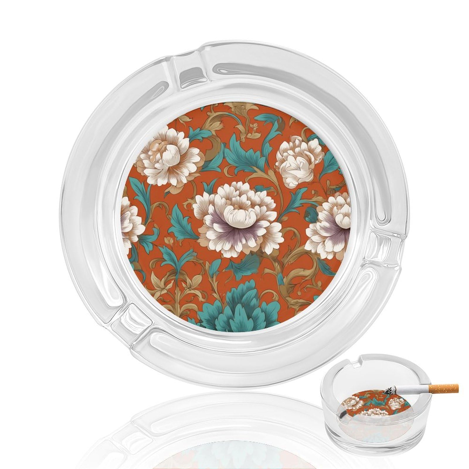 Florals And Scrollwork Botanical Motifs Glass Ashtray for Cigarettes Portable Decorative Ash Trays for Home Office Decor