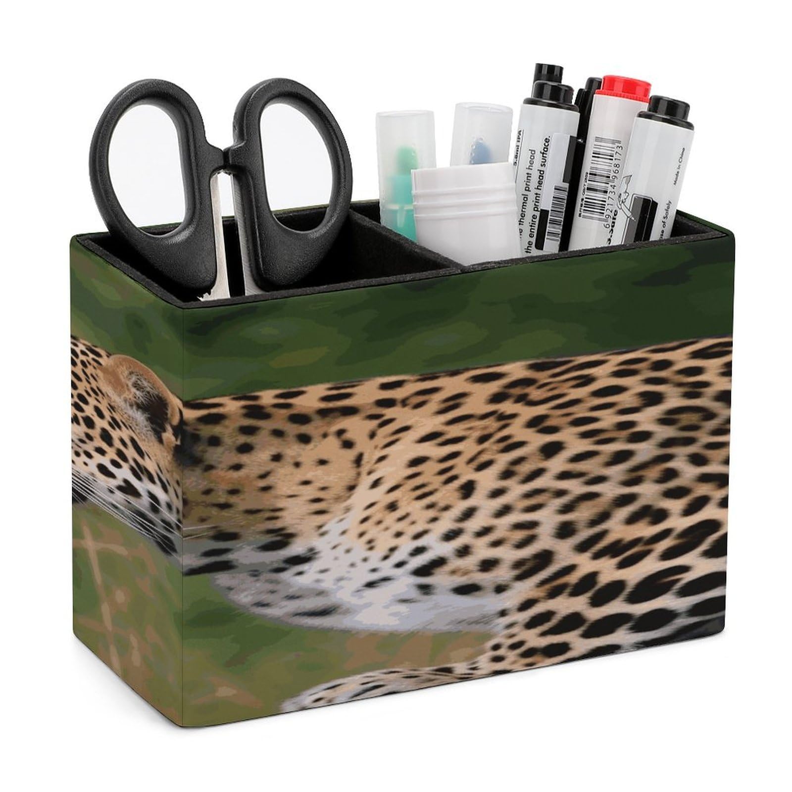 VstaDank African Leopard Pencil Holder for Desk(Double Slots) Fashion Leather Pencil Cup Simple Rectangular Shape Pen Holder Multi-Functional Pen Cup for Home Office Supplies Storage
