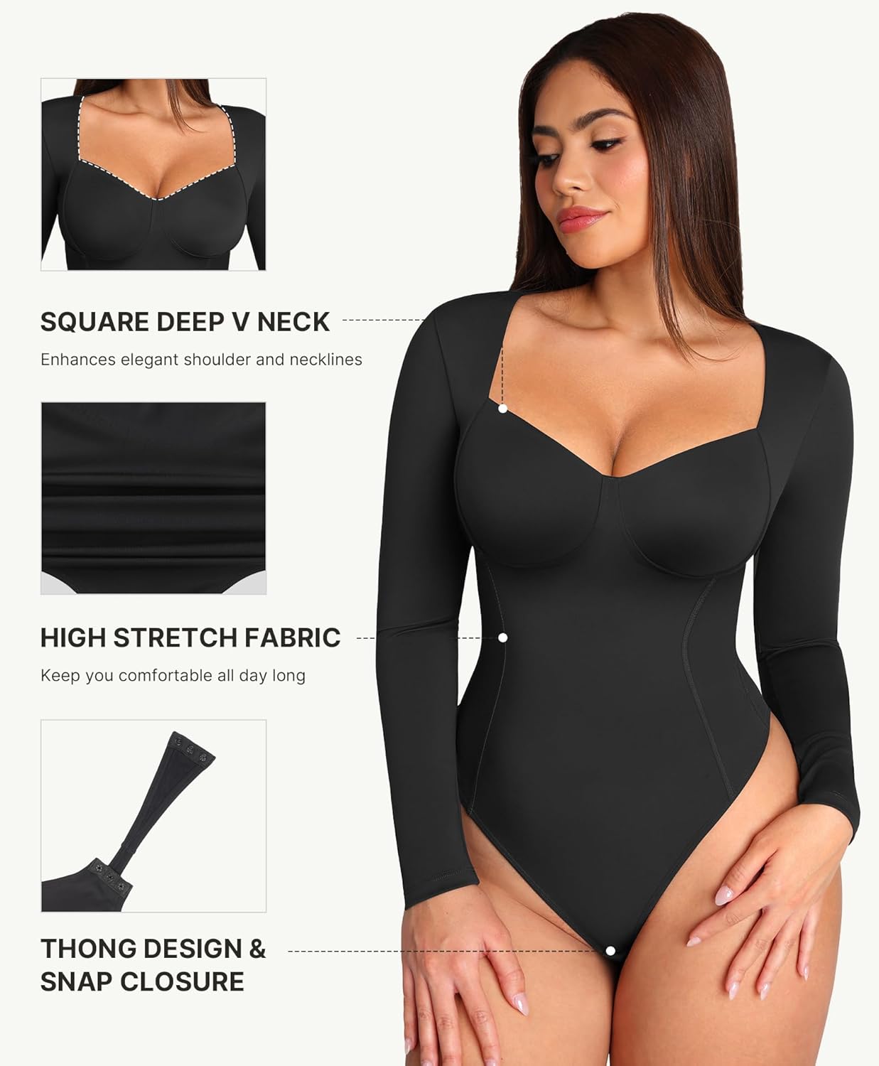 FeelinGirl Long Sleeve Shapewear Tummy Control for Women Thong Body Shaper Sweetheart Neckline Shapewear Bodysuits - Image 5