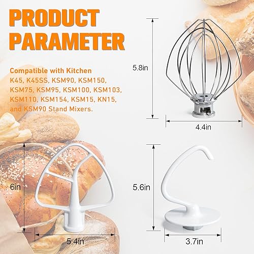 Vista 11 de Funmit Accesorios para mezcladores Accesorios de acero inoxidable de repuesto para mezcladores de ayuda de cocina, látigo de alambre K45WW, gancho