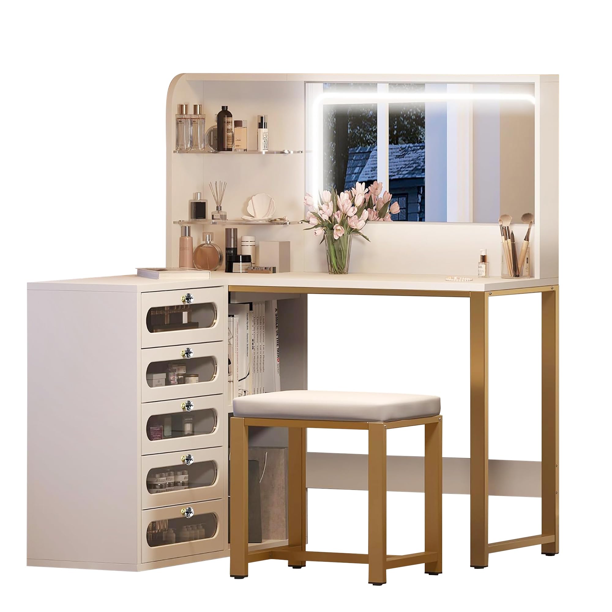 DahuenToaletka z lustrem LED, 5 szufladami i 5 półkami, narożna w kształcie litery L, stolik do makijażu, biały, 120 x 135 x 80 cm