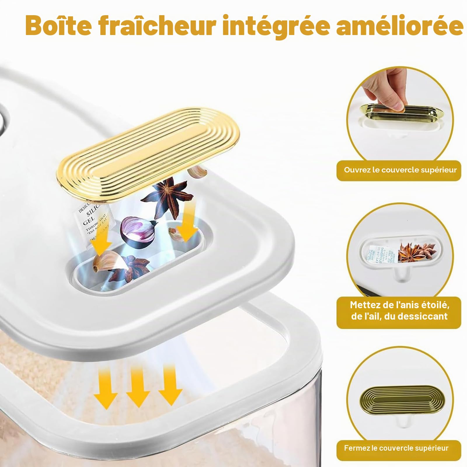 Distributeur de riz 5 kg avec verre doseur – Récipient à riz hermétique avec échelle de temps – Récipient à céréales pour cuisine, garde-manger et aliments secs – Sans BPA