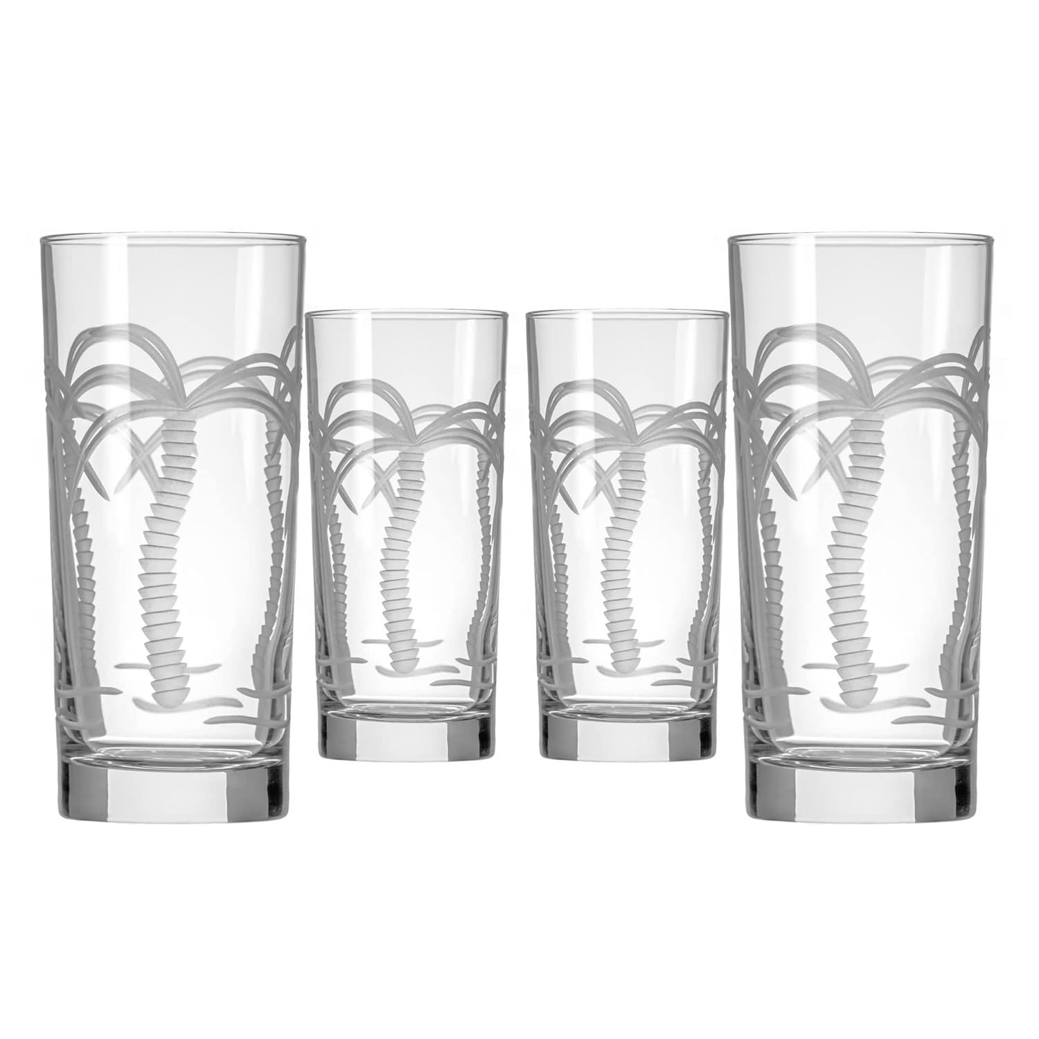 Rolf Glass Palm Tree Highball Glass 15 ounce Set of 4 Lead-Free Crystal Glass Etched Drinking Cooler with