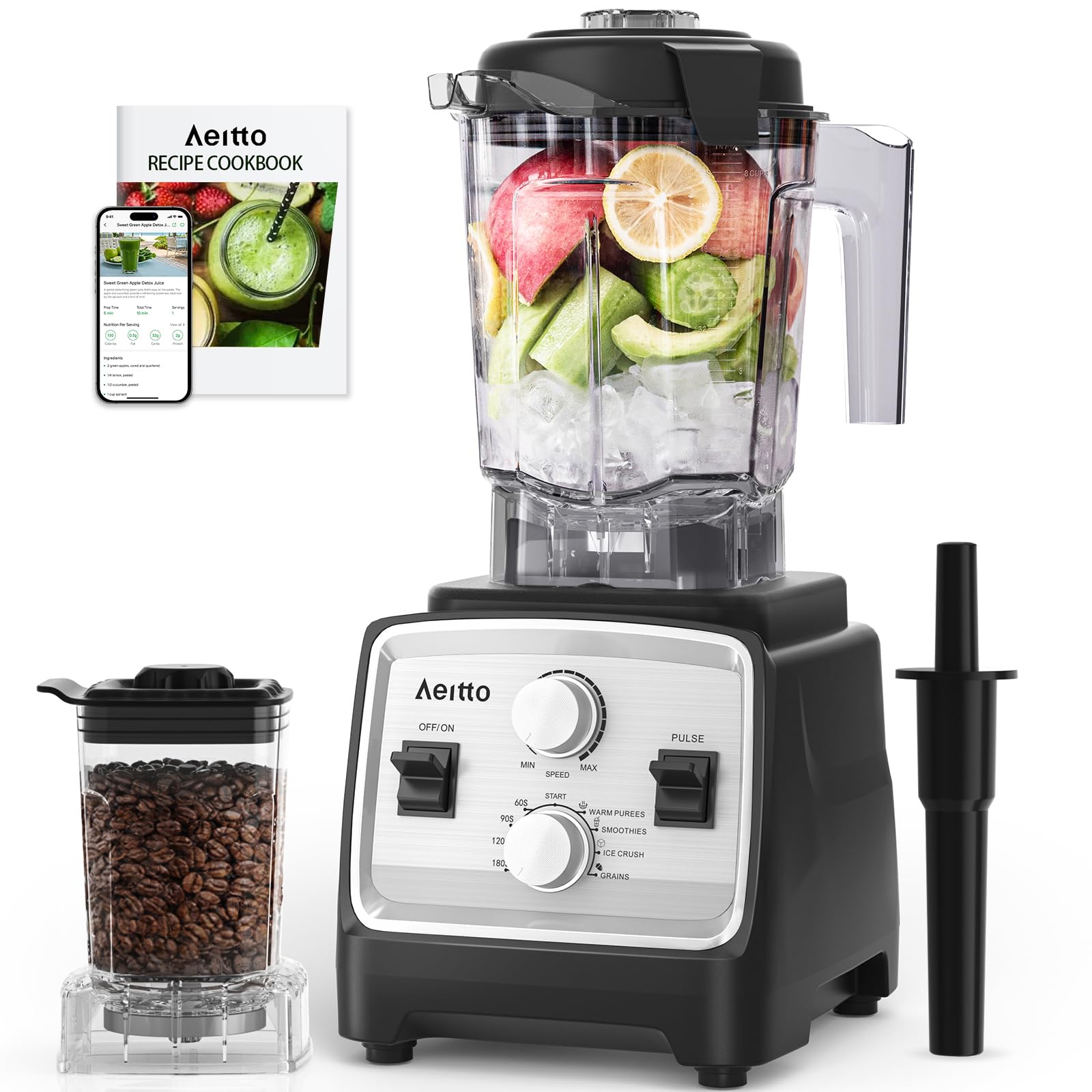 Aeitto Blenders for Kitchen with 1800W Motor, 68Oz. Large Capacity, 2-in-1 Blender & Grinder Combo, BPA-Free Countertop Professional Blender for Smoothies, Ice Crush, Frozen Drinks, Silver