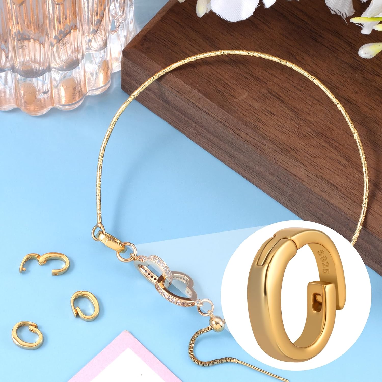 Pndeyo 2pcs Gold Plated Oval Pendant Clasp, Hypoallergenic 925 Sterling Silver Jewelry Connector Fastener, Lobster Spring Clasp for Keychains Necklace Bracelet Jewelry Making