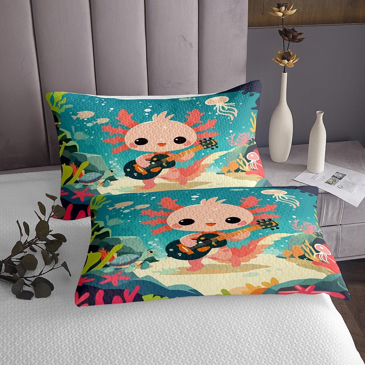 Erosebridal Kawaii Axolotl Bedspread Set, Nautical Sea Animal Coverlet Set Queen Coral Green Botanical Plant Quilted, Walking Fish Reptile Salamander Decor, Kawaii Room Decor