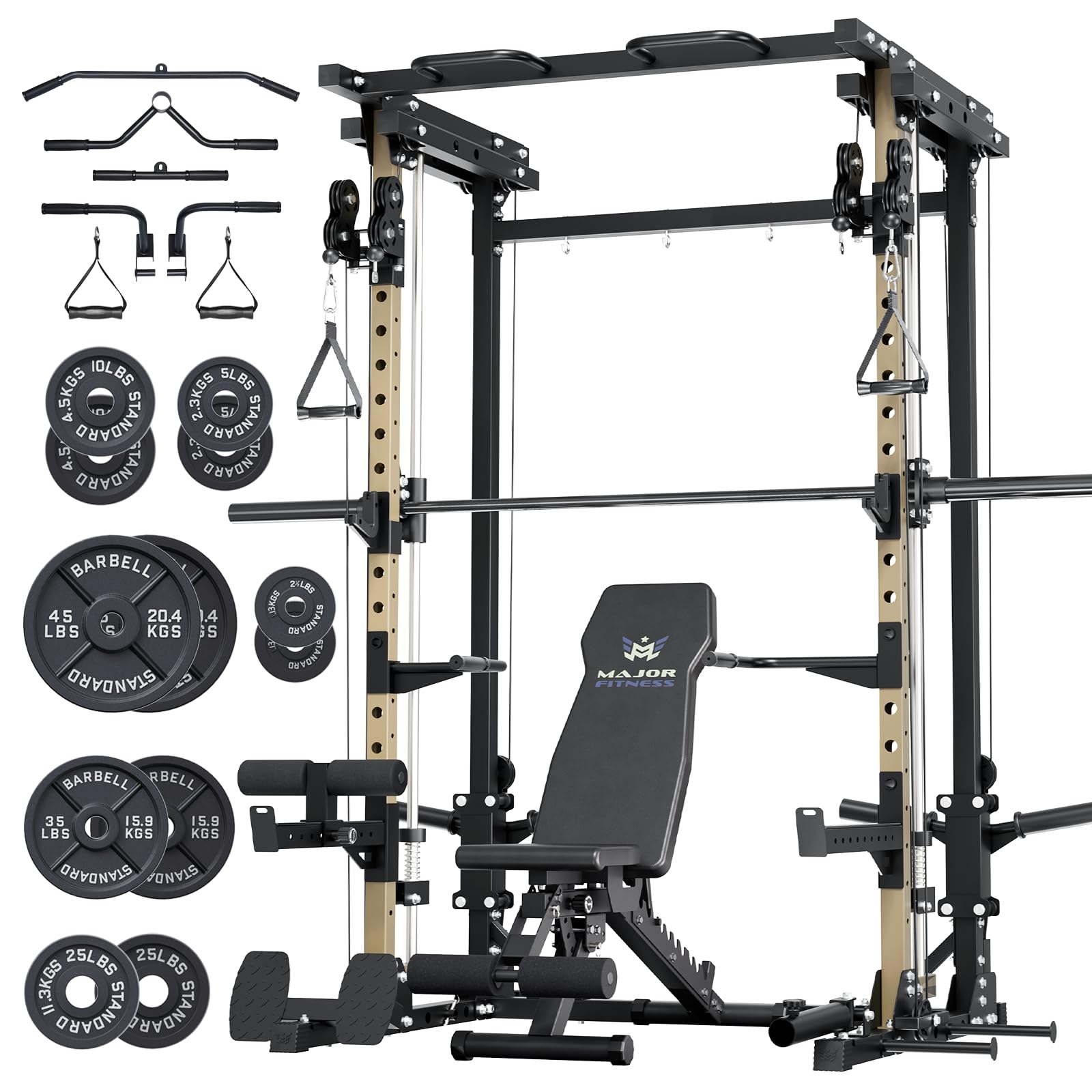 Major Fitness Drone3 Smith△ Machine – All-in-One Home Gym Squat Rack with Weight Bar, Cable Crossover Machine – Heavy-Duty Fitness Equipment for Strength Training and Full-Body Workouts