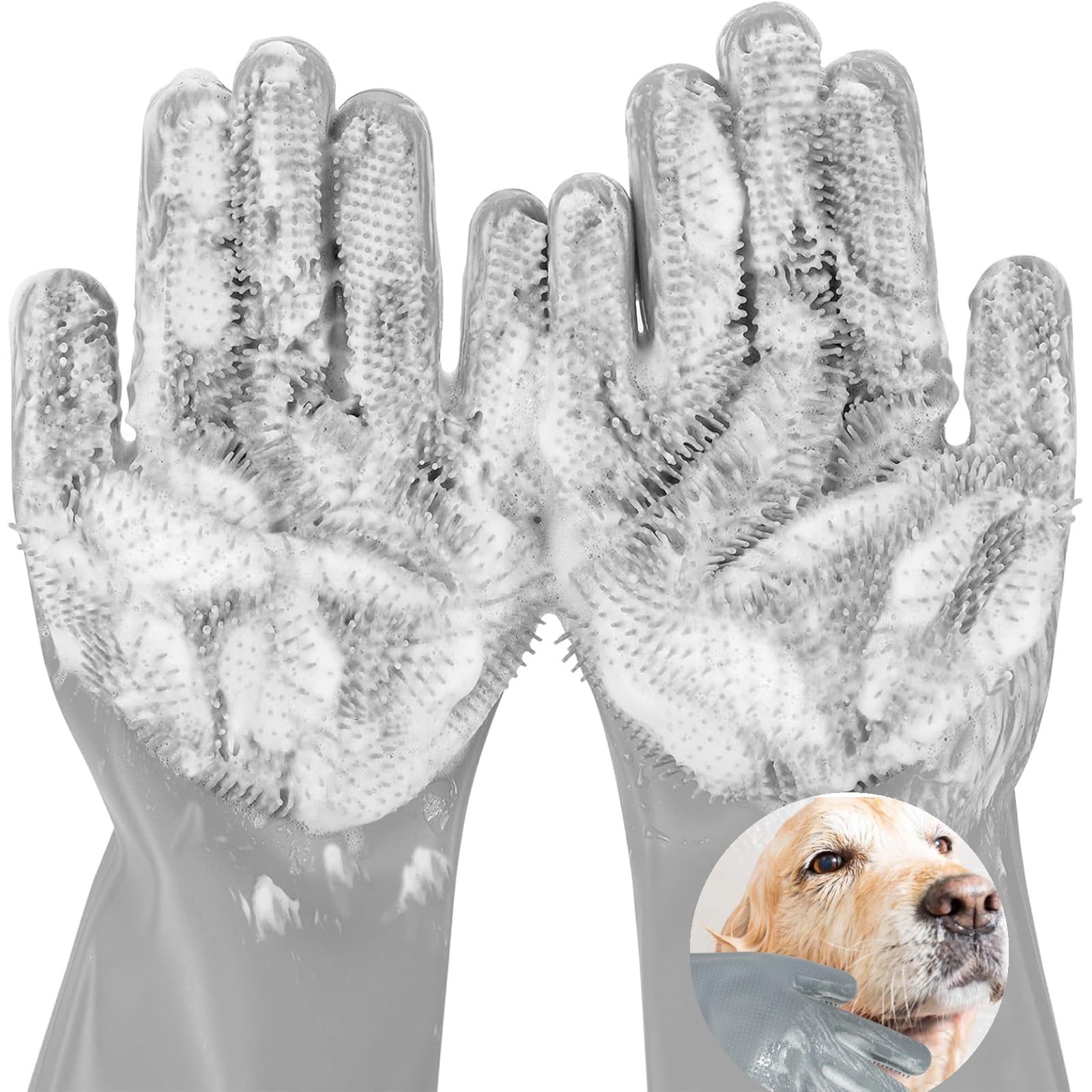 Dog Washing Gloves for Shedding & Bathing - 5-Finger Deshedding & Massage Gloves for Dogs & Cats, Reusable Heat-Resistant Silicone Brush Gloves, Gentle Hair Removal & Bathing Aid (Pair) (Grey)