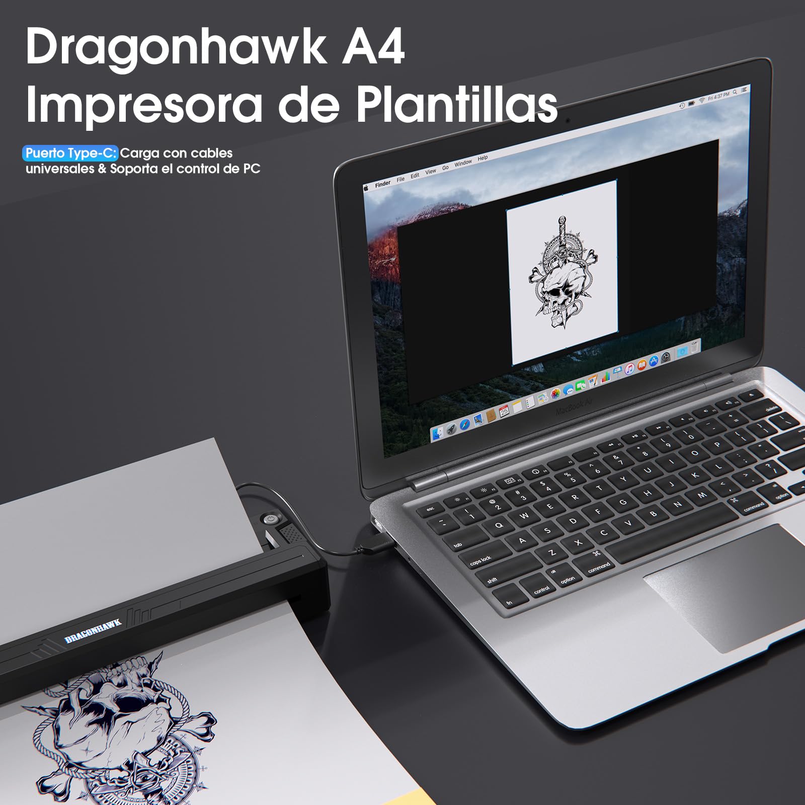 Dragonhawk A4 Impresora Térmica Inalámbrica para Esténciles de Tatuajes Portátil Compatible con Teléfono Tablet PC