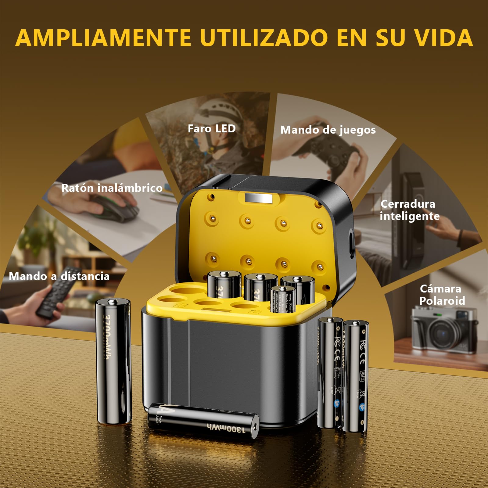 Kit de Pilas Recargables de Litio con Cargador (4 AA + 4 AAA) - Organizador de batería Alta Capacidad 3700 mWh - Hasta 2500 Ciclos de Vida - Incluye Cargador Rápido