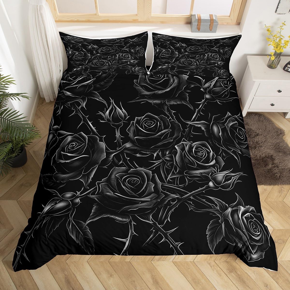 Erosebridal Black Rose Comforter Cover Valentine's Day Couple Bedding Set Rose Floral Duvet Cover Twin Size for Kids Teen Adults Room Decor,Romantic Flowers Bed Set 1 Pillow Case