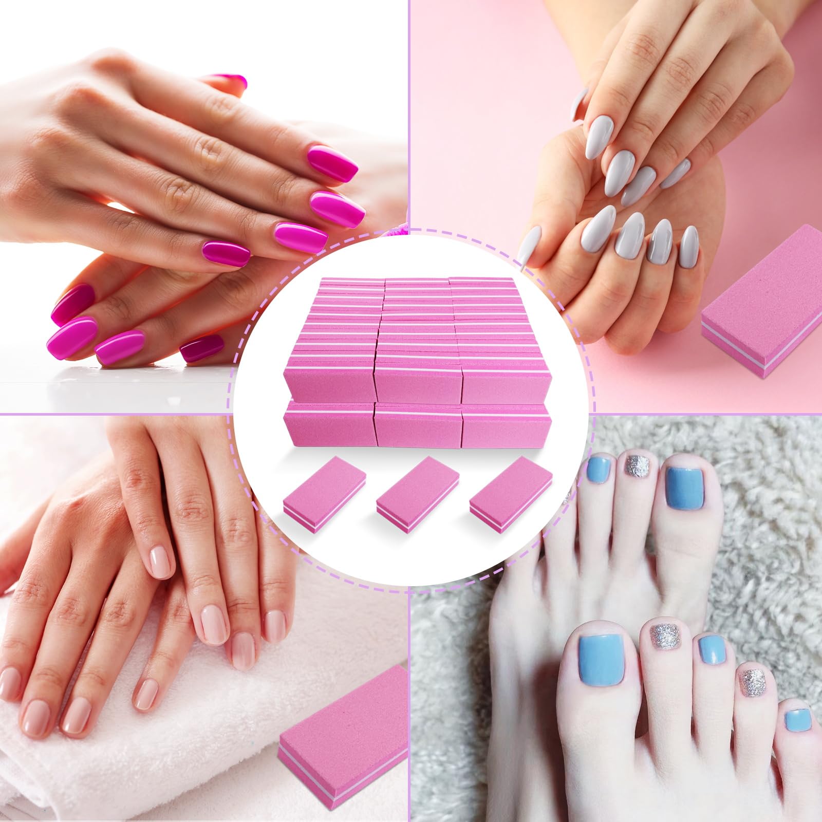 Lot de 60 petits blocs polissoirs à ongles carrés grain 100/180 (rose)