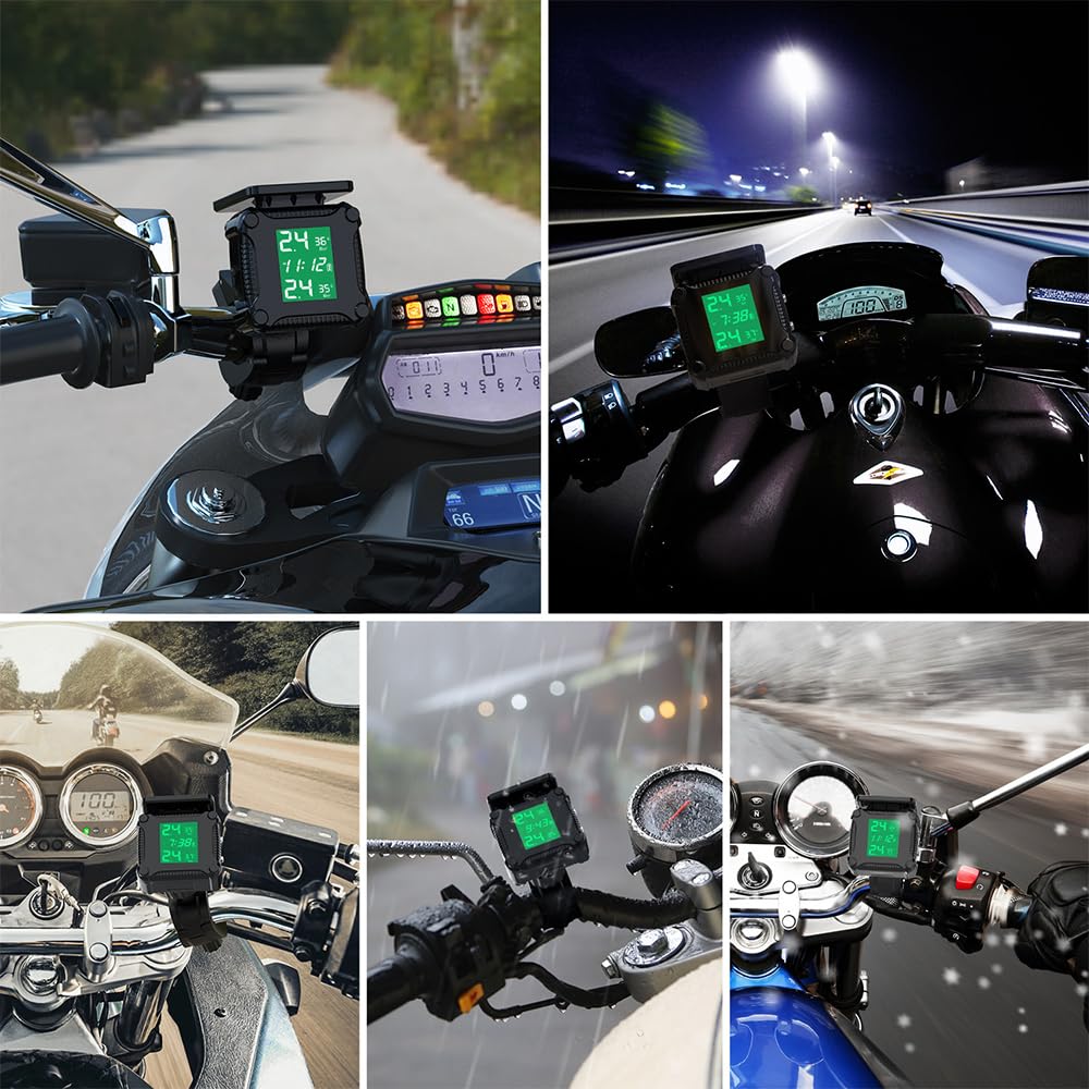 POFET Reifendruckkontrollsystem Motorrad TPMS Kabelloser Motorrad, USB-Aufladung Einstellbare Helligkeit Tpms Motorrad mit LCD-Display 2 Externen Wasserdicht Sensore Auto-Alarmsystem