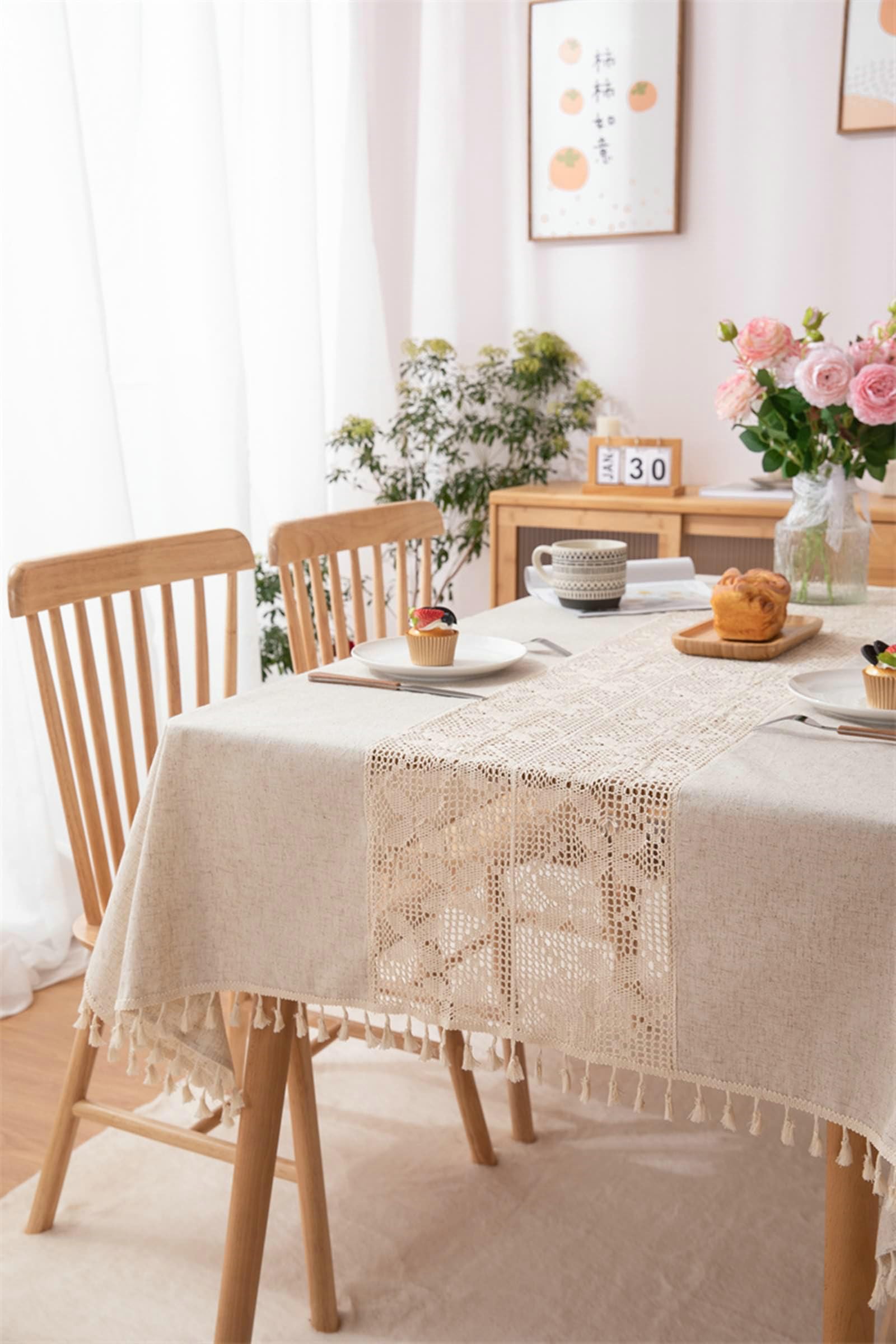 Gualiy Manteles Mesa Comedor Rectangular, Poliéster Manteles Mesa Cocina 140x260CM Manteles de Mesa Antimanchas Mariposa Hueca con Borlas Manteles para Mesa de Cocina, Beige