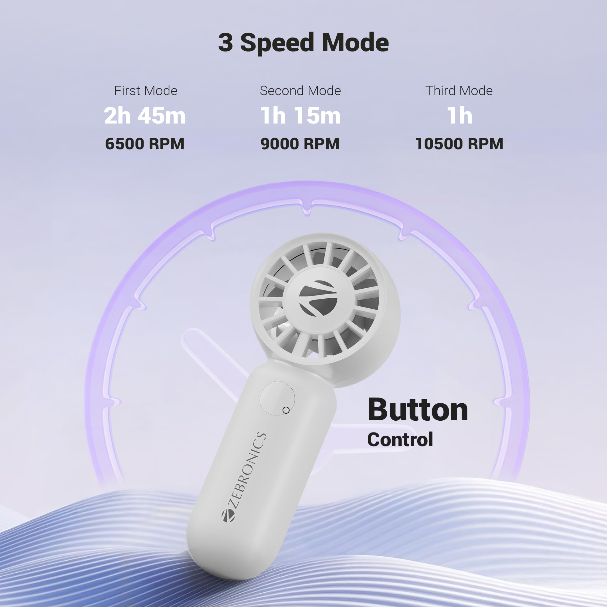 ZEBRONICS Heat Buster 100, Mini Portable Hand Fan, 10500 RPM, 3 Speed Modes with Brushless Motor, Upto 5.4m/s Airflow, Type C Charging, for Travel, Makeup, Office, Home (White) — Amazon image 4