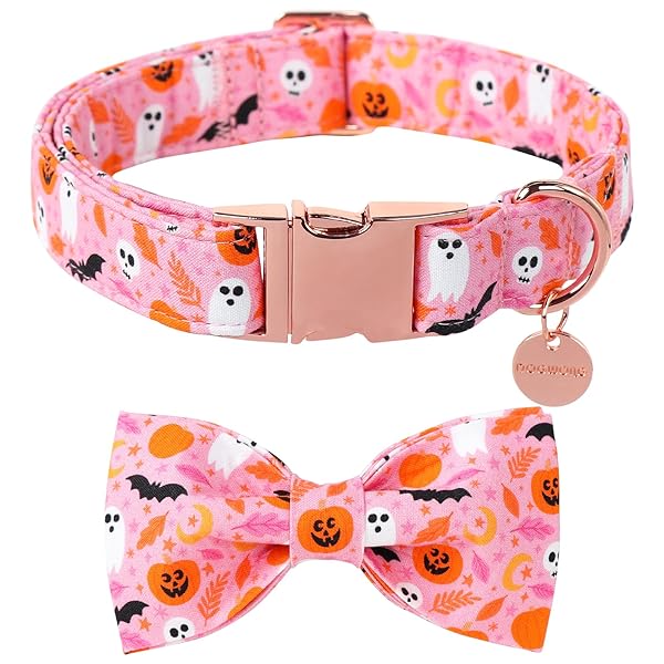 DOGWONG Halloween Dog Collar with Bow, Pink Fall Bowtie Dog Collar Cute Ghost Comfortable Adjustable Girl Fall Dog Collar for Large Dogs