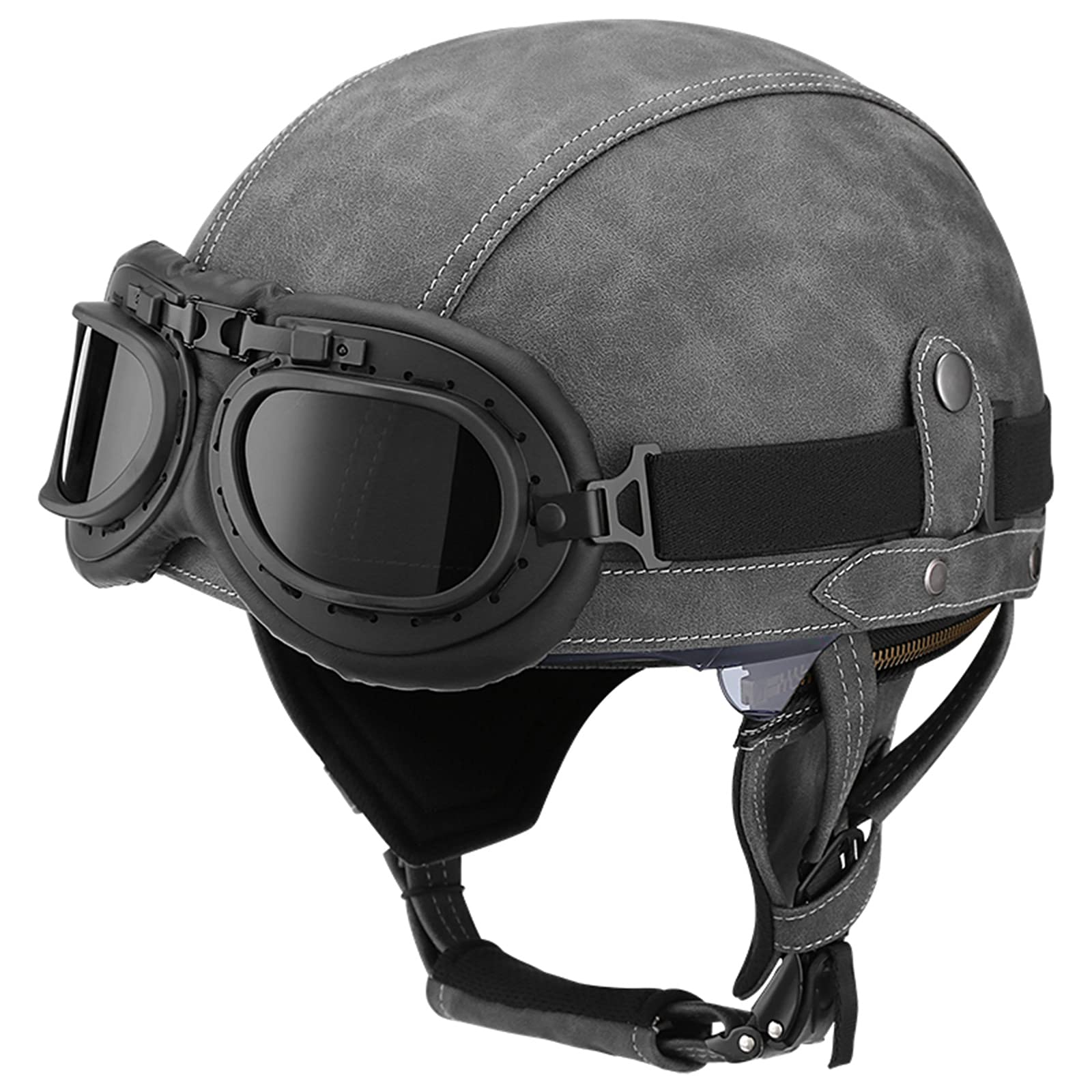 SDKUing Leather Motorcycle Helmet with Goggles Vintage Open Face Helmets Half Face Safe Protect Helmet for Cruiser Scooter Touring DOT Certified Men and Women Motorcycle Half Helmets