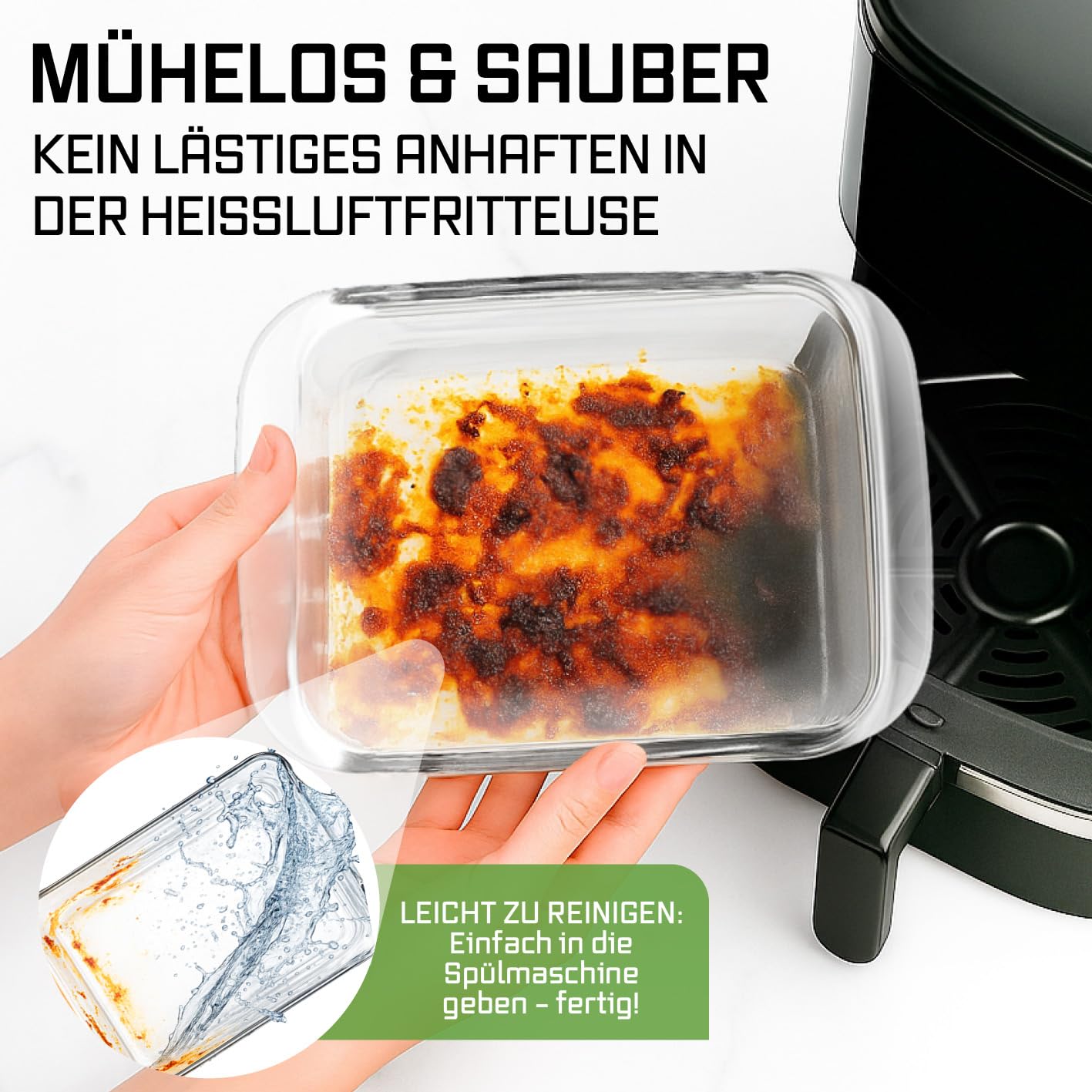 GOURMETmaxx Auflaufform Glas für Heißluftfritteuse & Ofen - 2er-Set à 800 ml | Backform rechteckig | kleine Schale zum Zubereiten, Garen & Servieren