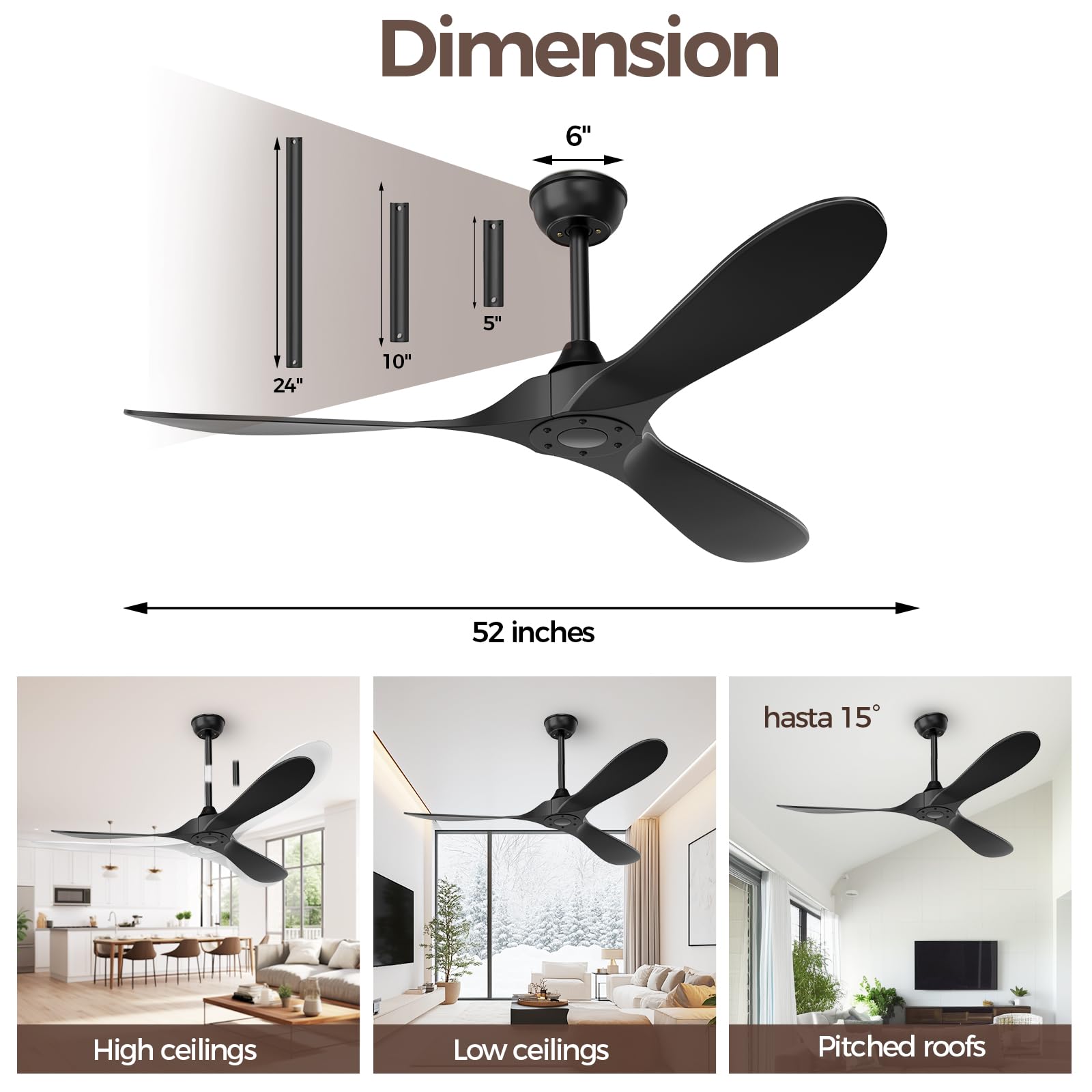 Obabala Ventilatore da soffitto nero per esterni, 132 cm, senza luce, con telecomando, 3 pale, motore DC reversibile a 6 velocità, moderno per cortili, soggiorno,