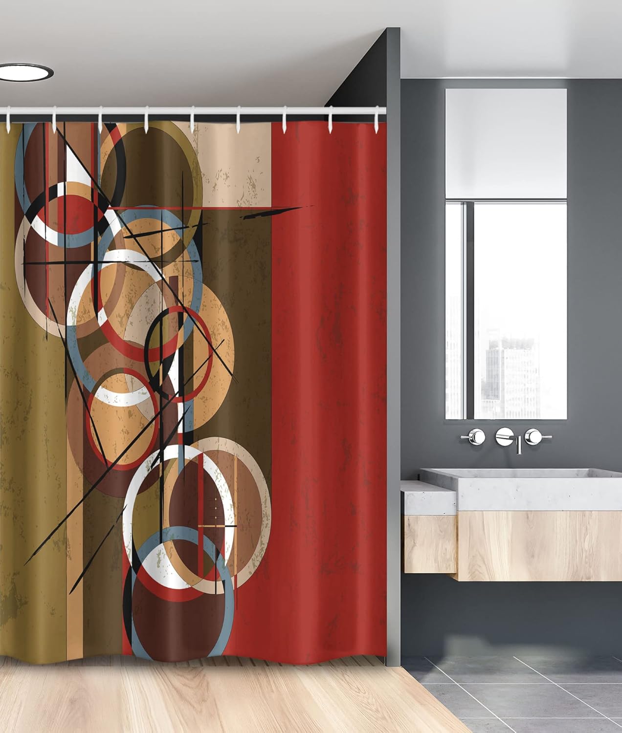 Ambesonne Modern Art Stall Shower Curtain, Retro Surreal Abstract Circular and Square Shaped Artwork Lines on Murky Base, Fabric Bathroom Decor Set with Hooks, 54" W x 78" L, Burgundy Beige