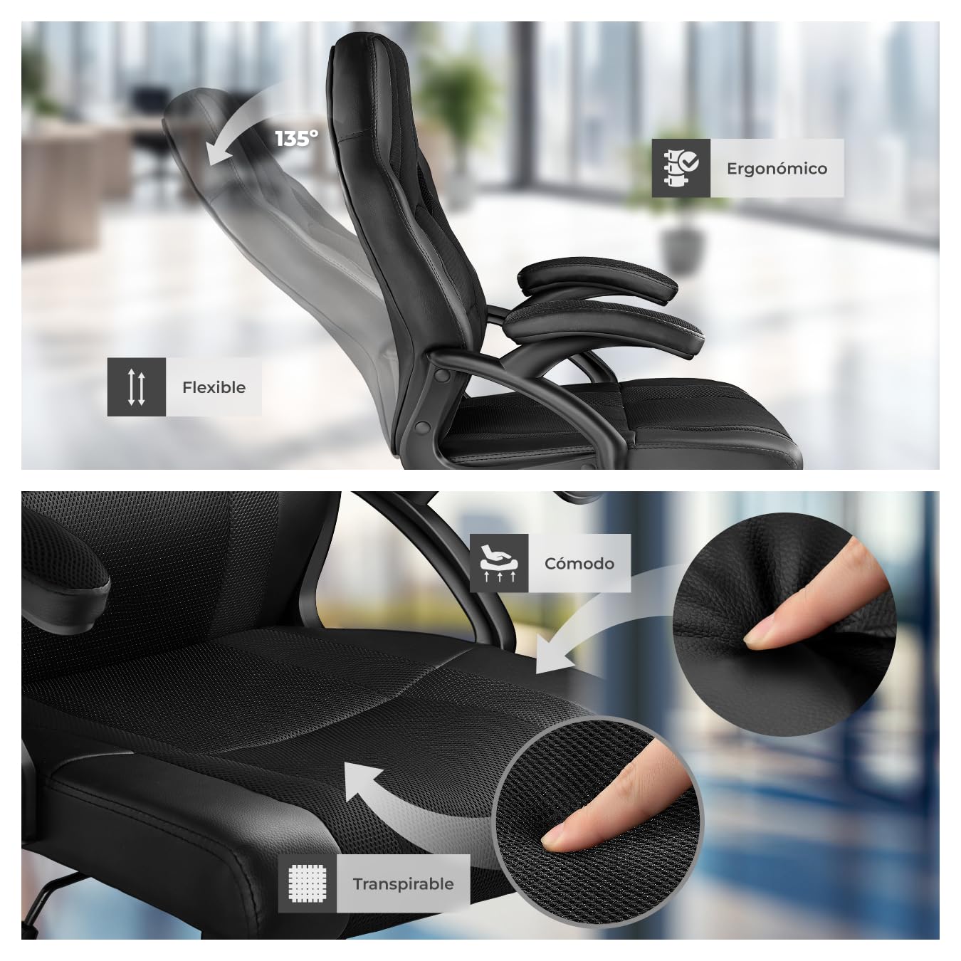 tectake® Silla Gaming, Silla Oficina Ergonómica, Reposabrazos, Ajustable Altura, Silla Estudio, Gaming Chair, Asiento Gamer, Sillón Gaming, Ergonómico, Mecanismo Basculante, Giro 360 - Negro/Negro