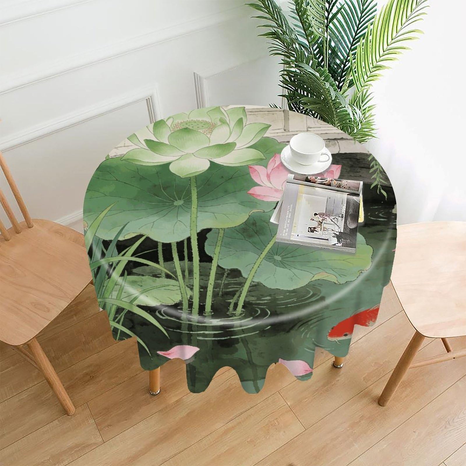 LDGSUPH Green Pink Lotus Round Tablecloth Cover Washable Luxurious Fabric Table Cover Decor Wrinkle Free Fashion Round Table Cloth for Home Dining Kitchen Party 60 in