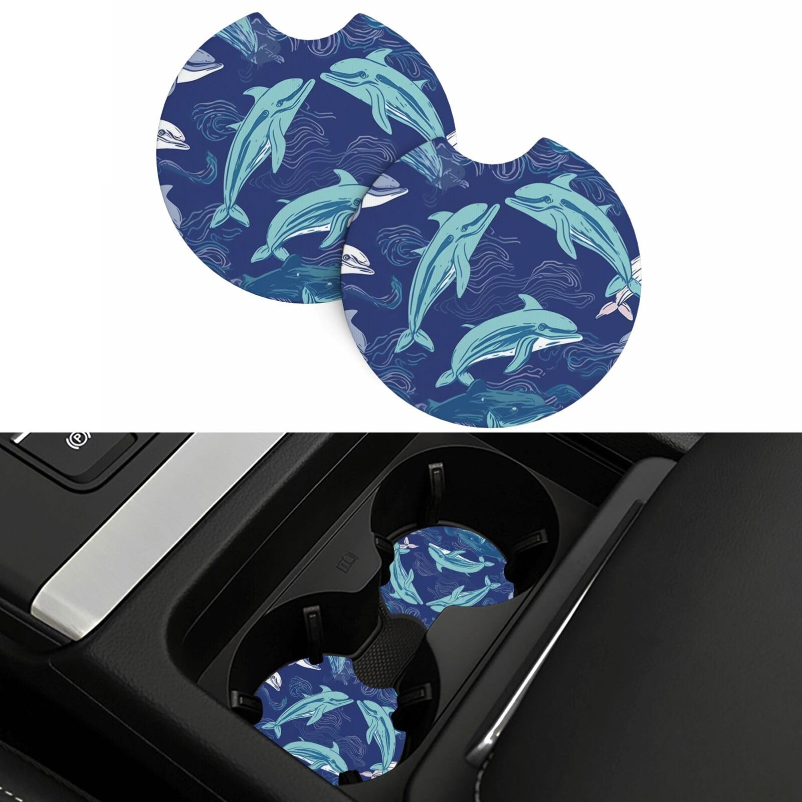 Dolphin Car Coasters 2 Pcs, Universal Non-Slip Rubber Car Cup Holder for Cup Holders, 2.75 Inch Neoprene Cup Pad Mat Coaster Car Interior Accessories for Women Men