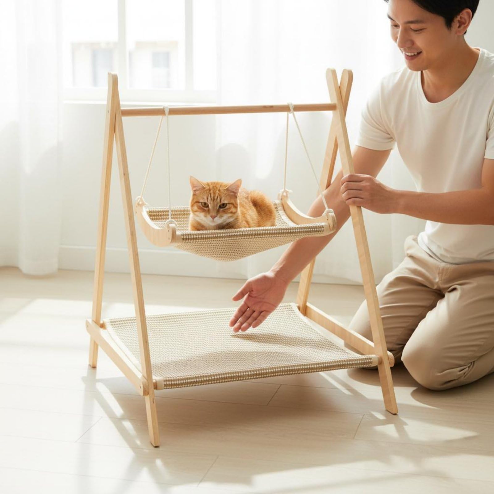 Katzen Hängematte Zweilagiges Schlafmöbel Kratzmatte Schaukelbett aus Verdicktem Holzrahmen Und Abnehmbarer Bezug zur Hygienischen Reinigung für, Color to 1