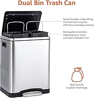 Vista 2 de Yaxa Basics - Papelera doble de 30L con pedal de cierre suave - 2 contenedores de 15 litros, acero inoxidable, contenedores internos pequeños