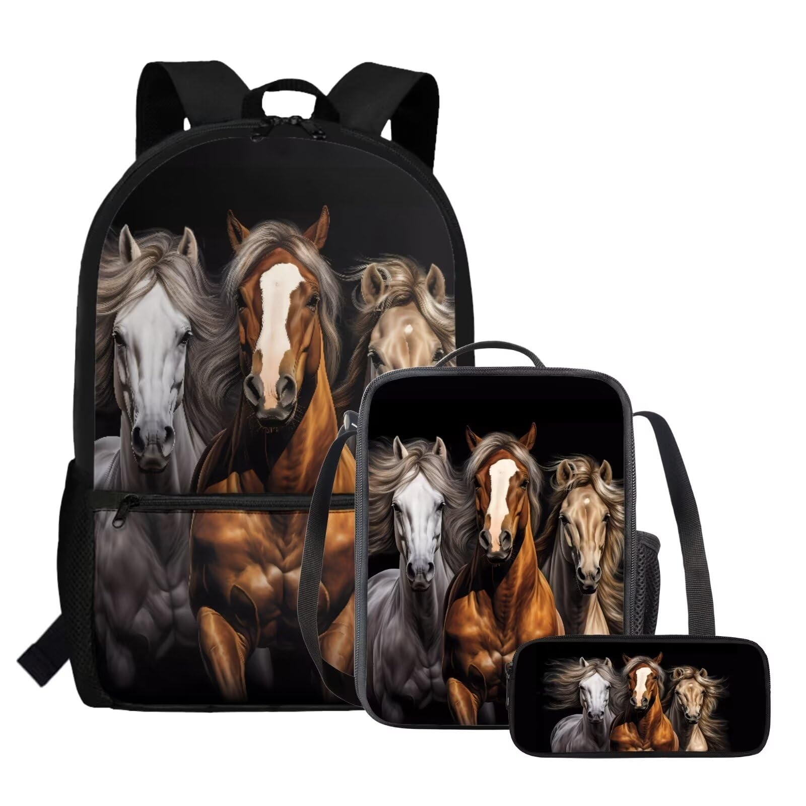 chaqlin Ensemble sac à dos d'école pour enfants garçons avec boîte à déjeuner et trousse à crayons - Lot de 3 sacs à déjeuner isothermes et pochette à stylos, Cheval marron, 11 x 17.3 x 5.5 inches