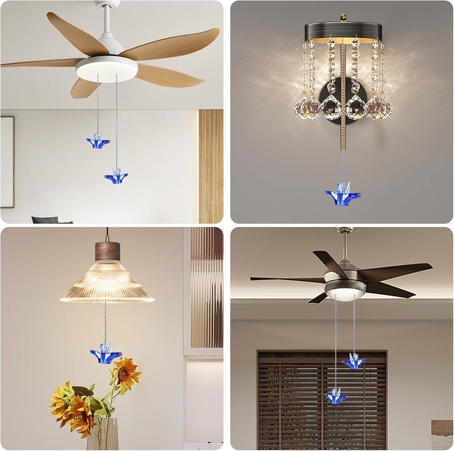 LONGSHENG - SINCE 2001 - 2 Pack Ceiling Fan Pull Chain Ornaments Extension Chains with Decorative Blue Glass Paper Cranes 20 Inches Fan Pull Chain Set For Ceiling Light Lamp Chain