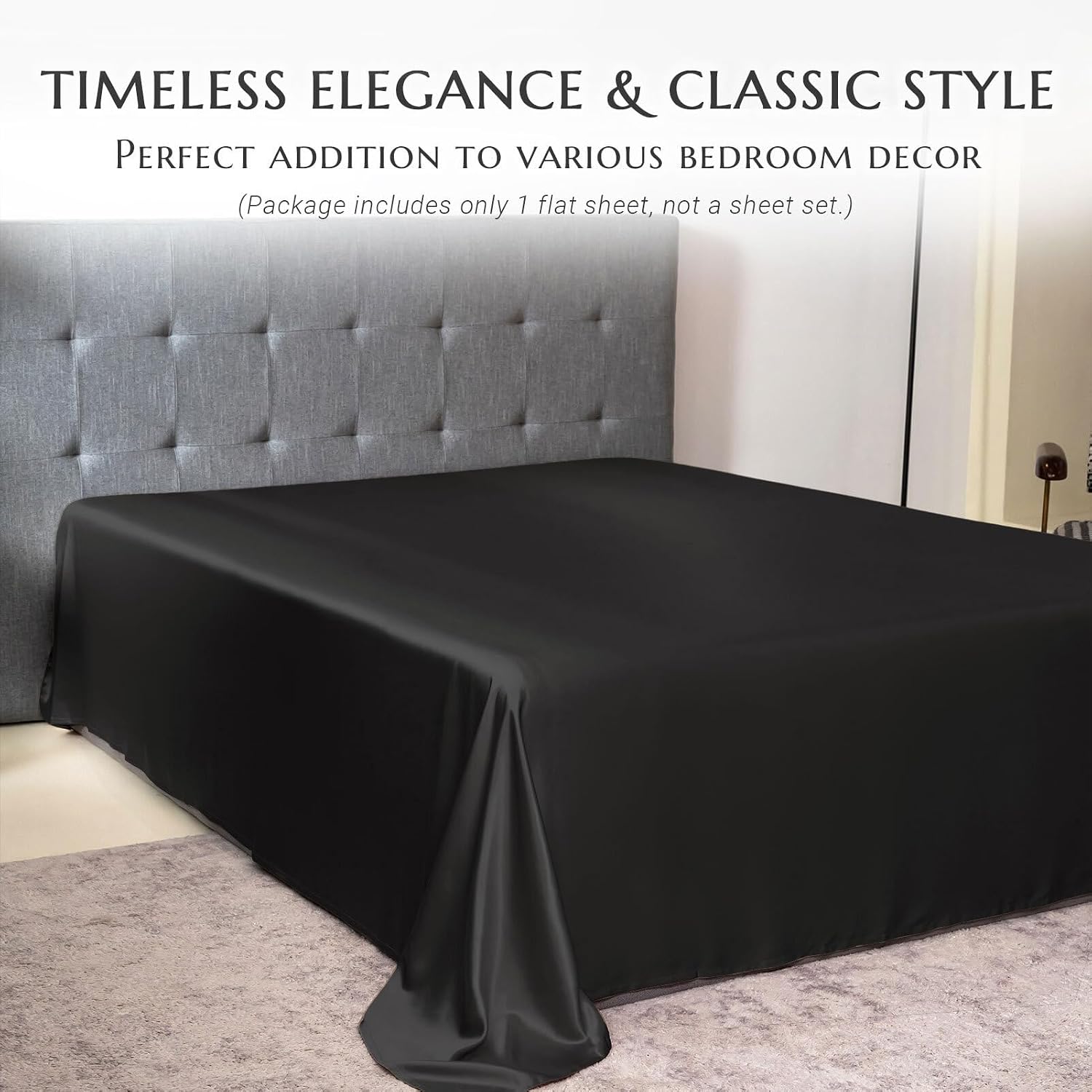 THXSILK Pure Silk Flat Sheet, 100% 7A+ Silk Bedding Flat Sheet, Ultra Soft, Breathable, Wrinkle - Free, Easy Care, Black, Queen